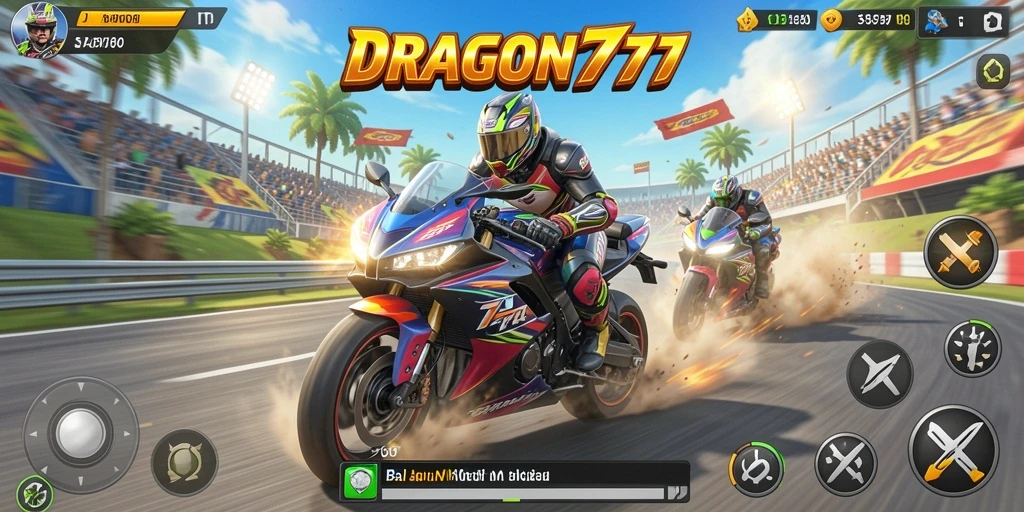 Tampilan gameplay seru DRAGON777 dengan balapan motor yang intens.