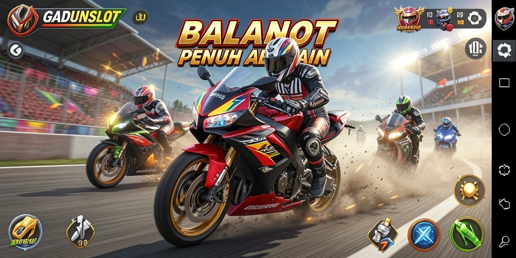 Screenshot GADUNSLOT menampilkan balapan seru dengan motor di lintasan.