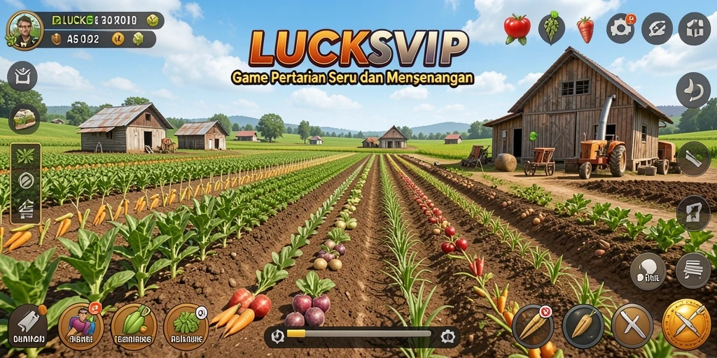 Screenshot utama LUCKSVIP menampilkan pelbagai aktivitas bertani yang menyenangkan.